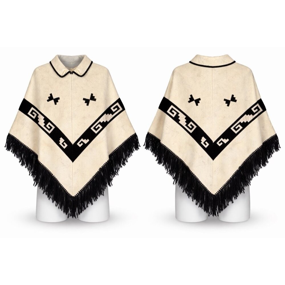 Vintage Southwestern Wool Poncho Shawl Black Cream Fringe Boho Western Cape